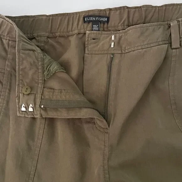 EILEEN FISHER Olive Green Tencel Pants Button Hem Relaxed Cropped Utility Size M - Picture 3 of 6
